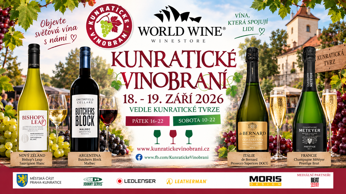 WORLD WINE na Kunratickém vinobraní 2026 – Bishop’s Leap Sauvignon Blanc, Butchers Block Malbec, de Bernard Prosecco a Champagne Météyer