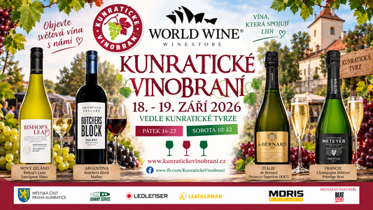 WORLD WINE na Kunratickém vinobraní 2026 – Bishop’s Leap Sauvignon Blanc, Butchers Block Malbec, de Bernard Prosecco a Champagne Météyer